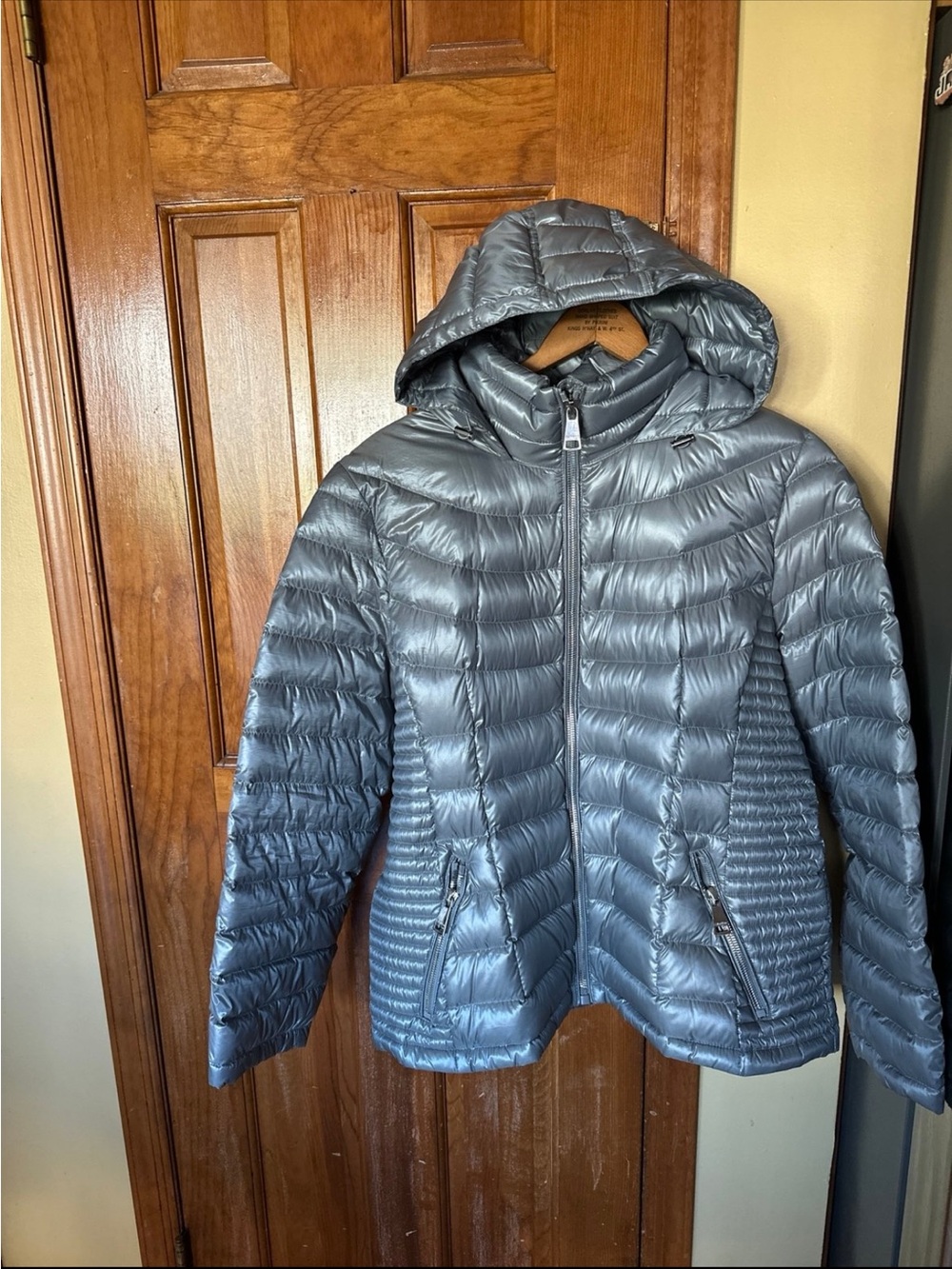Calvin Klein Metallic Silver Quilted Hooded Puffer Jacket